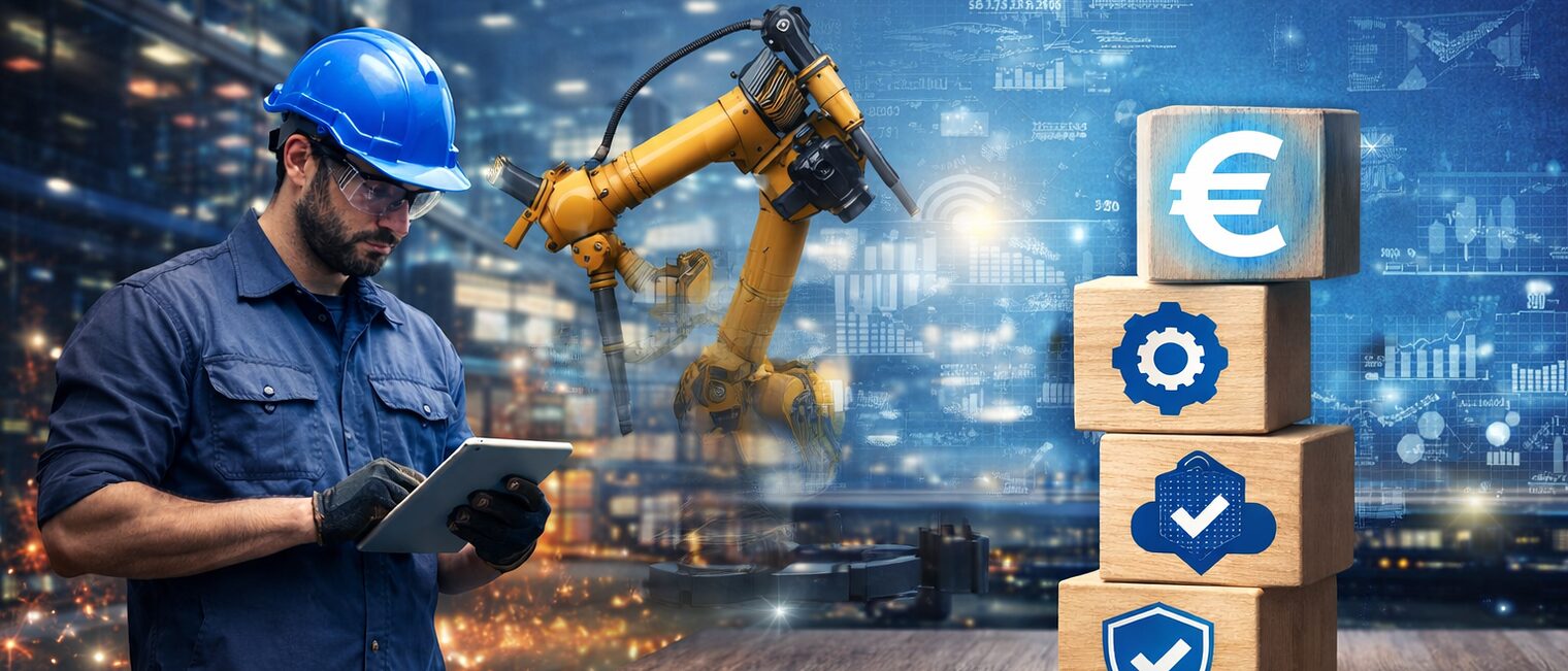 Handwerker mit Tablet in moderner Werkhalle, Roboterarm und digitale Symbole stehen für Digitalisierung im Handwerk.
