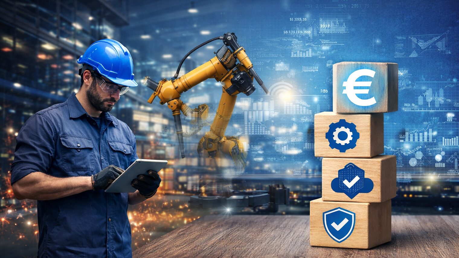Handwerker mit Tablet in moderner Werkhalle, Roboterarm und digitale Symbole stehen für Digitalisierung im Handwerk.