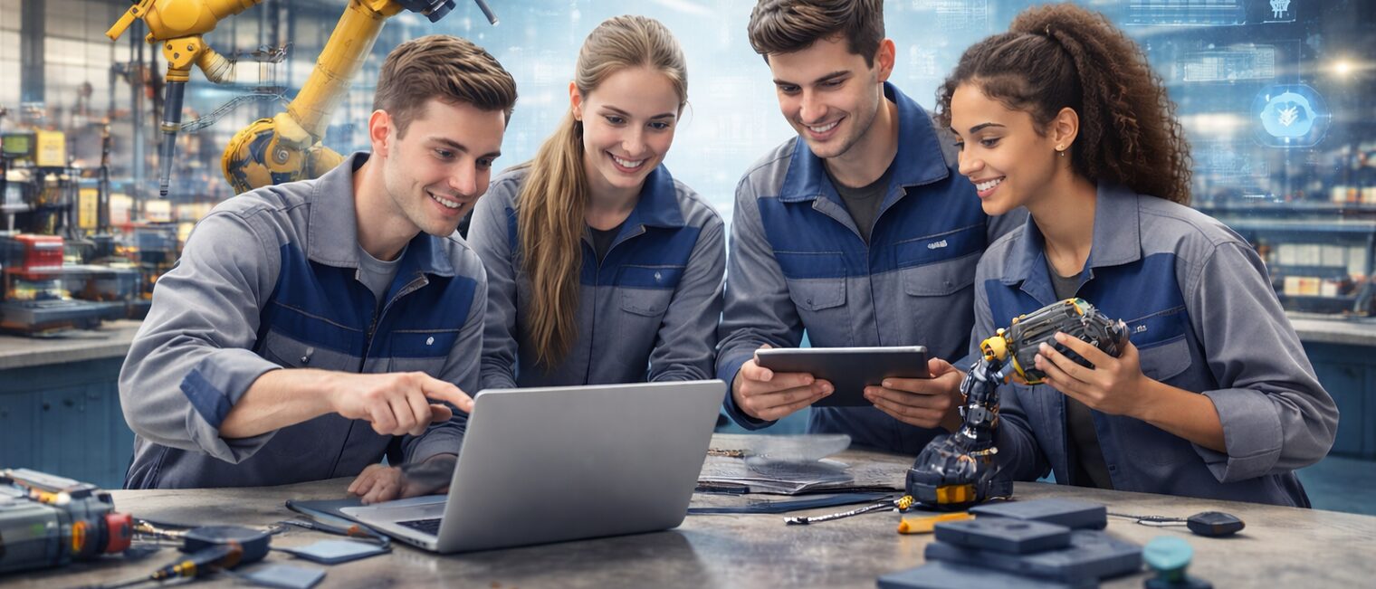 Vier Auszubildende arbeiten in Werkstatt mit Laptop und Tablet an digitalem Projekt, Roboterarm im Hintergrund.
