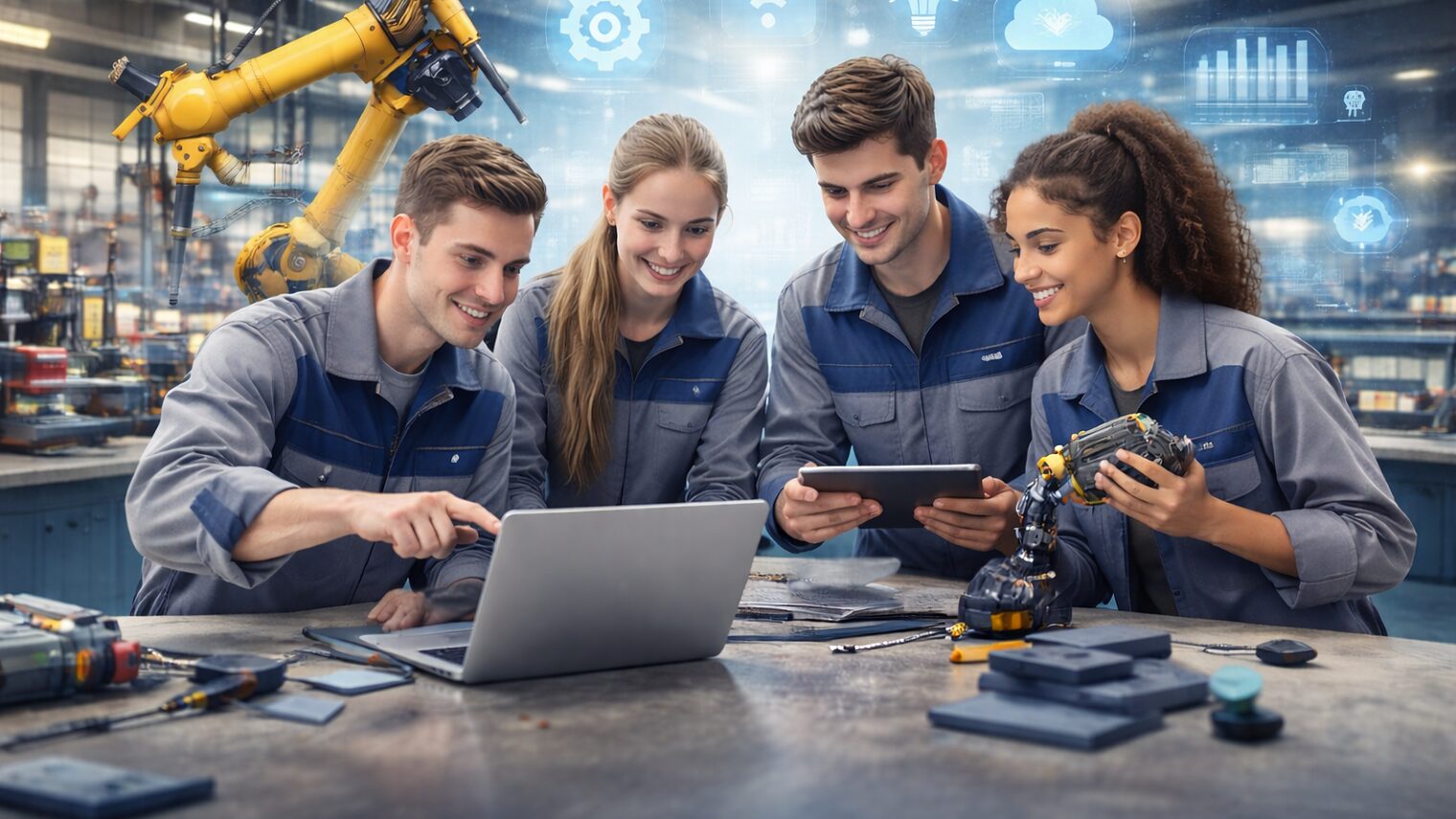 Vier Auszubildende arbeiten in Werkstatt mit Laptop und Tablet an digitalem Projekt, Roboterarm im Hintergrund.
