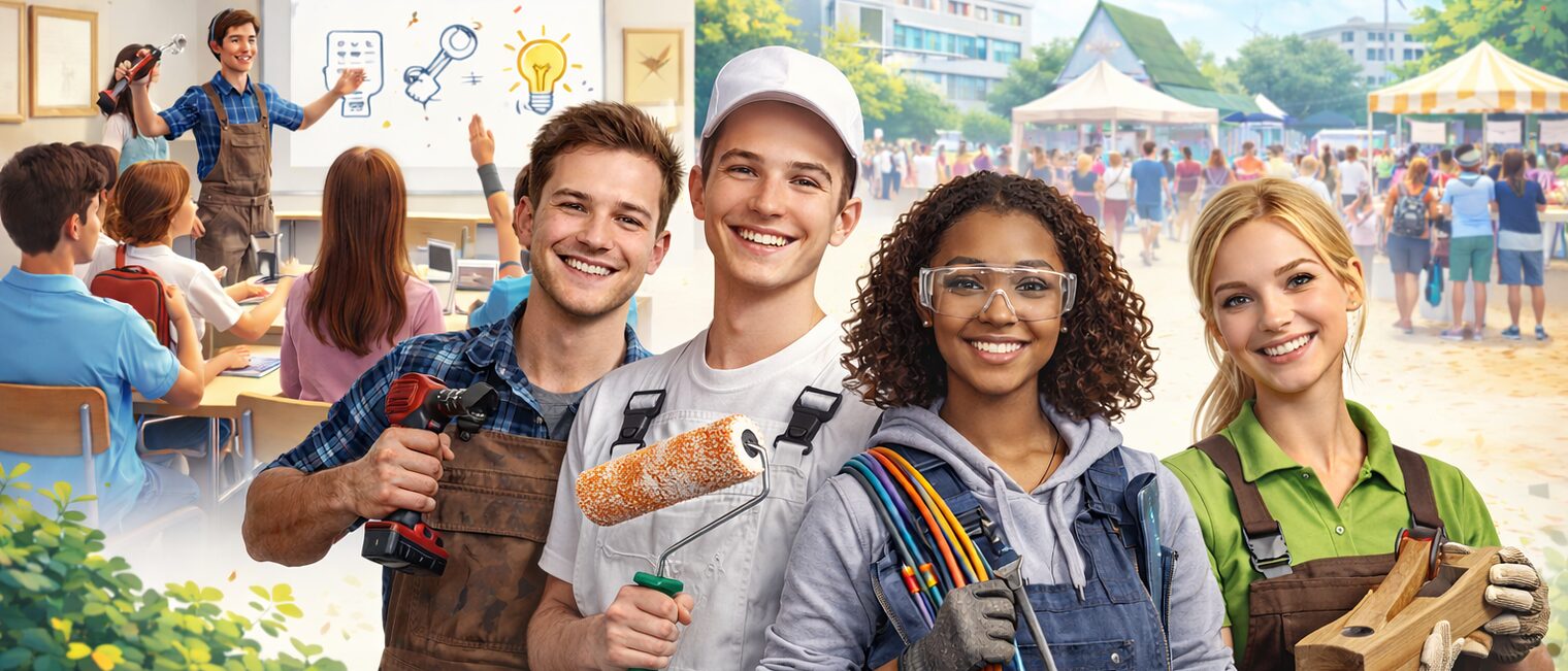 Ausbildungsbotschafter aus dem Handwerk stellen Berufe vor – Maler, Elektroniker und Tischlerin bei Schulbesuch und Messe